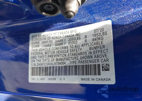 2020 Honda Civic Si Coupe from USA, damaged, VIN 2HGFC3A54LH754064